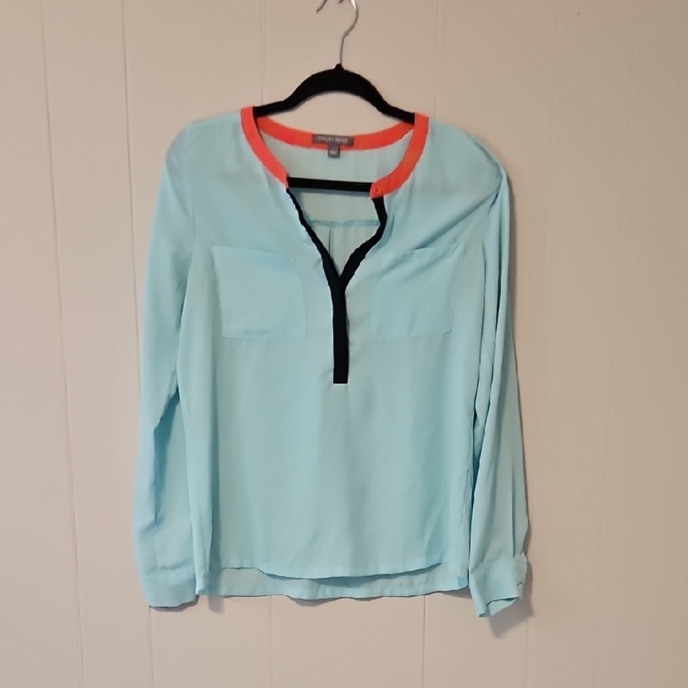 Light Blue Blouse with Coral and Black Accents